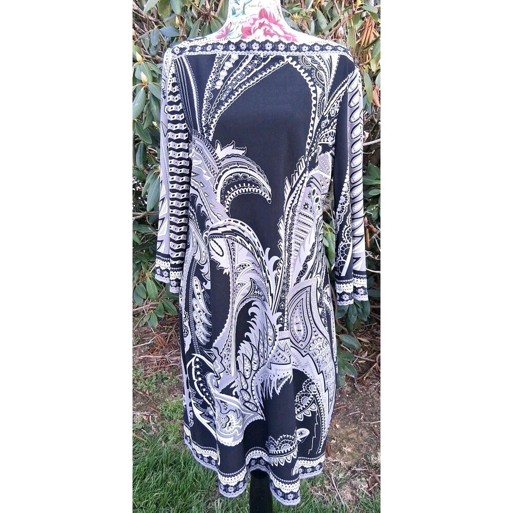 New Stretch Paisley 3/4 Sleeve Shift Dress Women L Black Trad Wife Garden Party